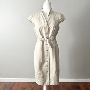 Calvin Klein Linen Beige Cap Sleeve Button Tie Waist Belt Dress Women's Size 10